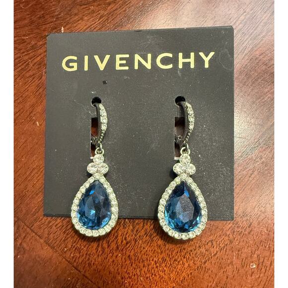 Silver Blue Teardrop Crystal Dangle Earrings Rhinestone Glam Statement Jewelry - Picture 1 of 4
